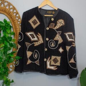 Vtg Black Cardigan Beaded Sequin Geometric Statement Sweater | Dark Autumn